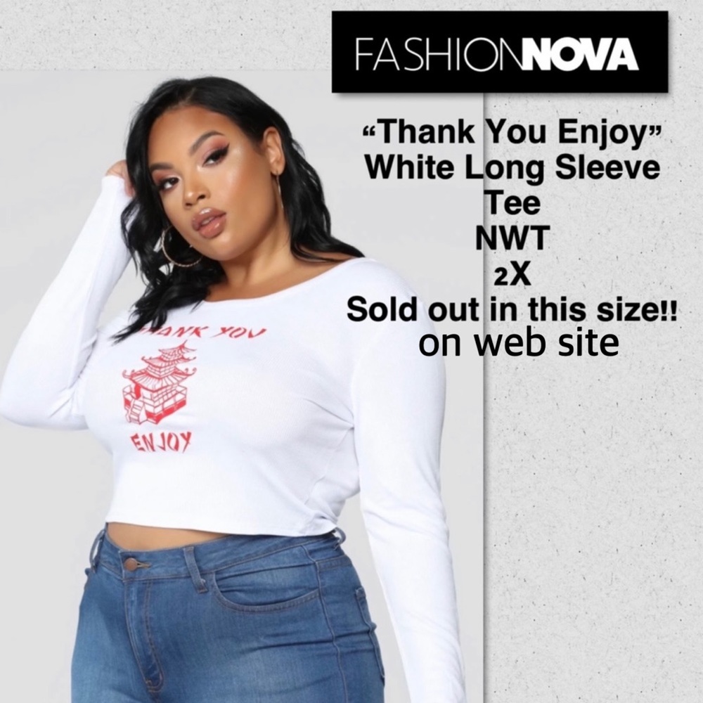 Fashion Nova “THANK YOU ENJOY” White Long Sleeve Ribbed Tee NWT Size 2X